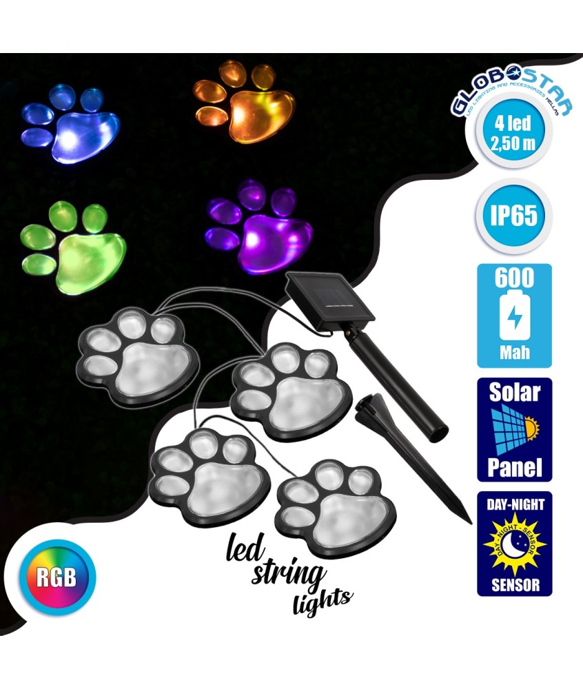 85700 Διακοσμητική Γιρλάντα Anime Footprints 2.5 Μέτρων με Controller 8 Προγραμμάτων Φωτισμού - 4 LED 1W με Ενσωματωμένη Μπαταρία 600mAh - Φωτοβολταϊκό Πάνελ - Αισθητήρα Ημέρας-Νύχτας - Βάση Κήπου & Μαύρο Καλώδιο Αδιάβροχη IP65 Πολύχρωμη RGB Μ2